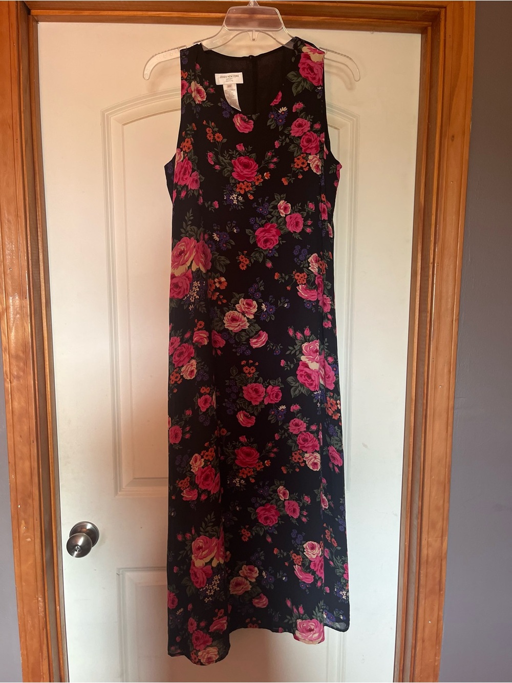 Vintage 90s Sleeveless Black Floral Maxi Dress with Pink Rose Print